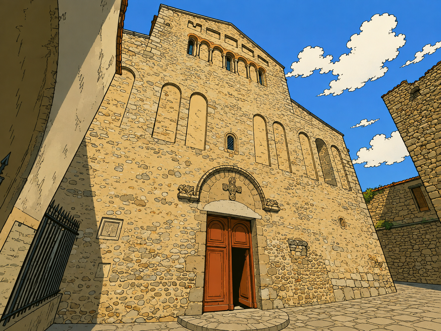 Façade de l'abbaye Sainte-Marie, à Arles-sur-Tech